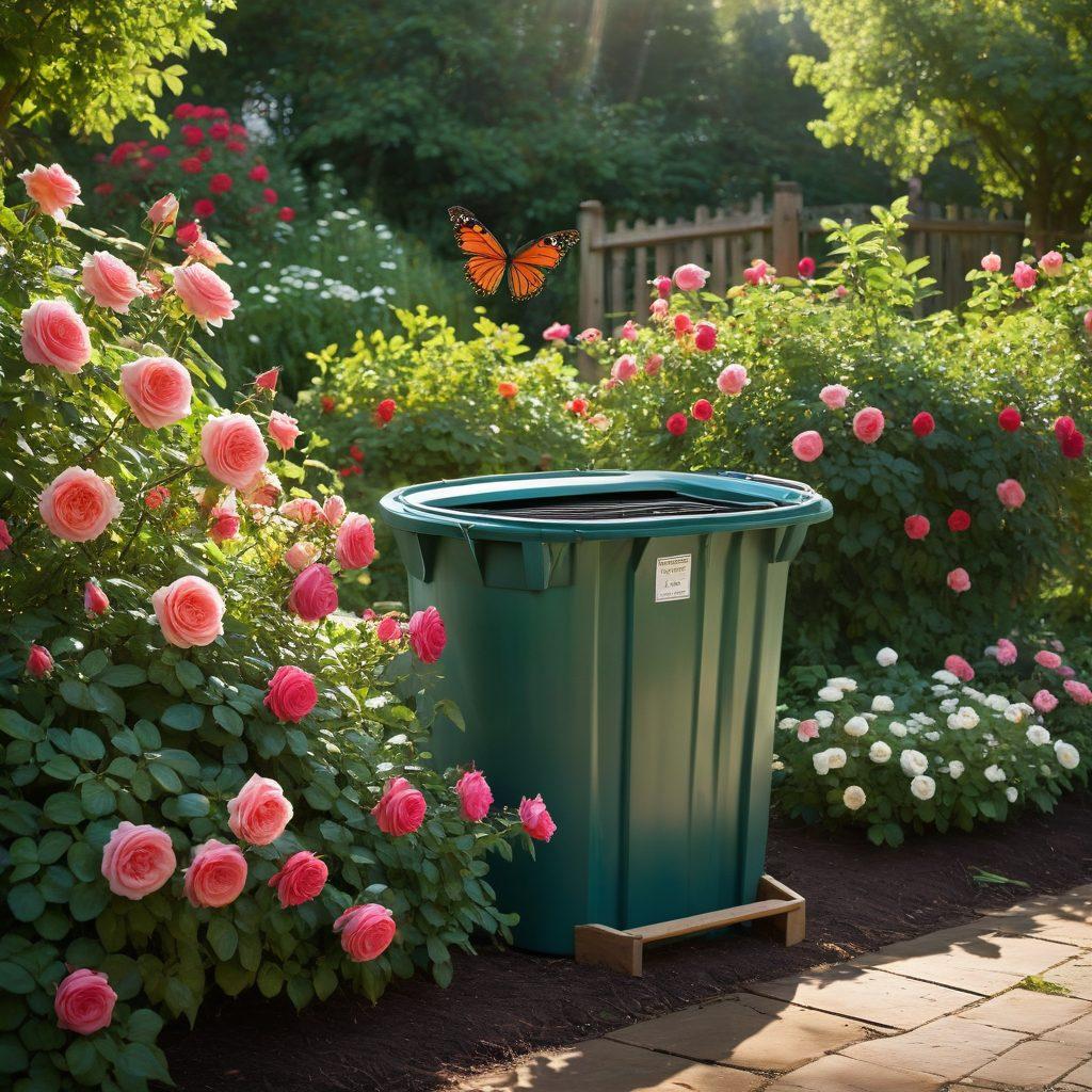 A lush garden scene featuring various historic rose varieties in full bloom, interspersed with eco-friendly gardening tools like a wooden spade and biodegradable pots. The background includes sustainable practices, such as a compost bin and rainwater collection system. Soft sunlight filters through the leaves, creating a serene atmosphere that emphasizes nurturing nature. A butterfly delicately lands on a rose, symbolizing the eco-friendly theme. vibrant colors. super-realistic.